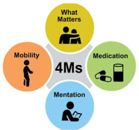 Graphic that spells out what the 4 M's stand for: Mentation Medication mobility what Matters