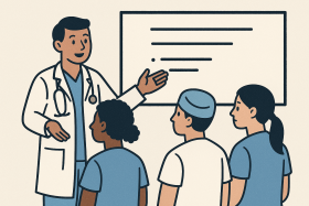 Illustration of a healthcare professional standing and presenting to a group of standing healthcare workers