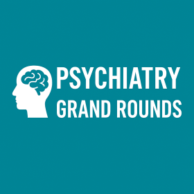 outline of the human head and brain and the words Psychiatry grand rounds