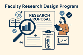 Faculty Research Design Program illustration with research proposal, charts, diagnostic test, and study tools.