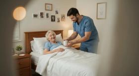 Healthcare worker tending to patient in bed