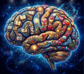 brain with icons insides such as lightbulb, happy face, sun, and more 