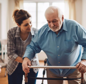 Picture of an at-home caregiver supporting an elderly patient Picture of an at-home caregiver supporting an elderly patient