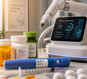 Picture of GLP-1 medicine application, syringe, pills and surgical robot