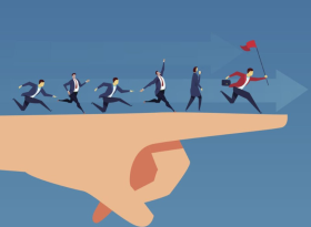 A group of professionals following a leader with a red flag