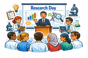 Illustration of clinicians attending a Research Day presentation, with a keynote speaker presenting research findings and visual data.