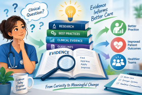 Illustration of a nurse using evidence-based practice by consulting research, clinical evidence, best practices, and guidelines to improve patient outcomes, team wellbeing, and professional practice. Illustration of a nurse using evidence-based practice by consulting research, clinical evidence, best practices, and guidelines to improve patient outcomes, team wellbeing, and professional practice.